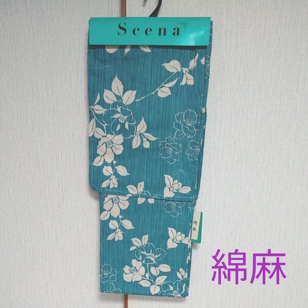 Scean 綿麻 新品 未使用 水色 椿の花柄