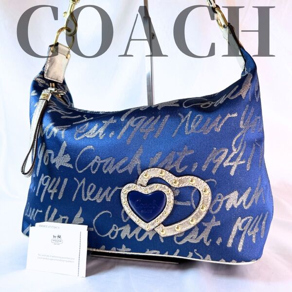 COACH コーチ ワンショルダーバッグ トートバッグ 肩掛け キャンバス ネイビー ゴールド 総柄 ハート かわいい