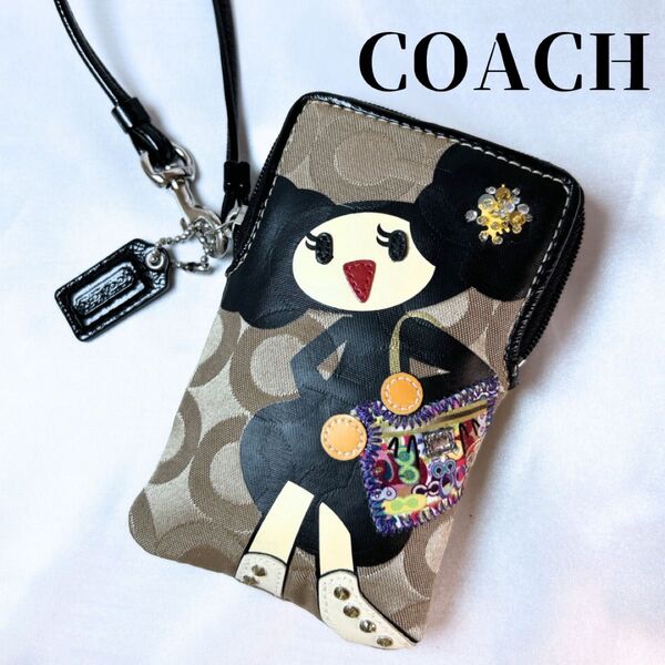 希少 COACH コーチ mini pouch ミニポーチ ポピー ポピーちゃん ブラック 黒 シグネチャー キャンバス かわいい