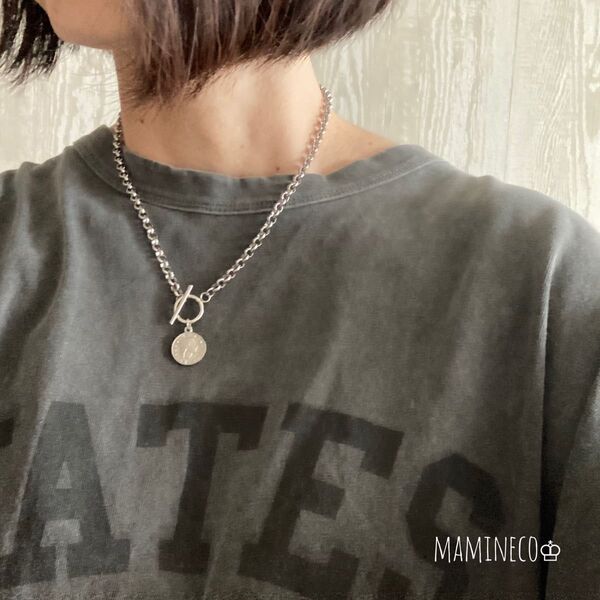 オールステンレス製 ロールチェーンマンテルネックレス コイン付き