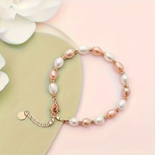 パールブレスレット ピンク&ホワイト 上品イミテーションパール内径約16cm〜20cm七夕特別割引き!1200→999円