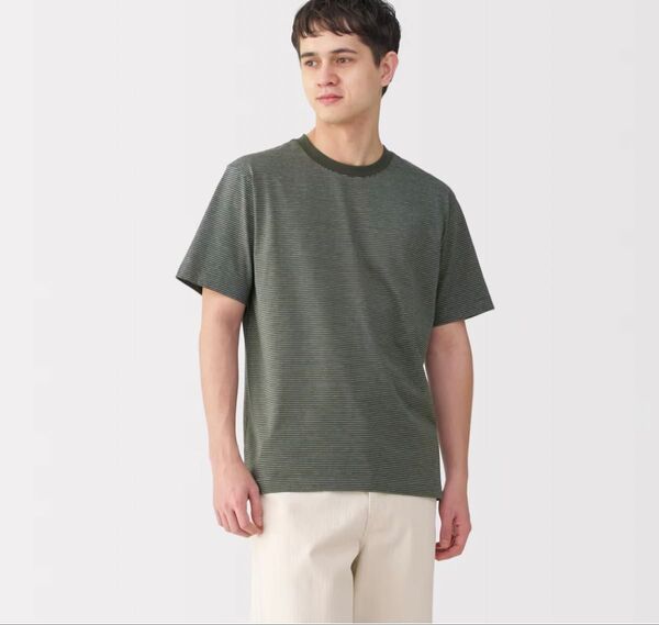 天竺編みクルーネック半袖Tシャツ(ボーダー) ダークグリーン XL