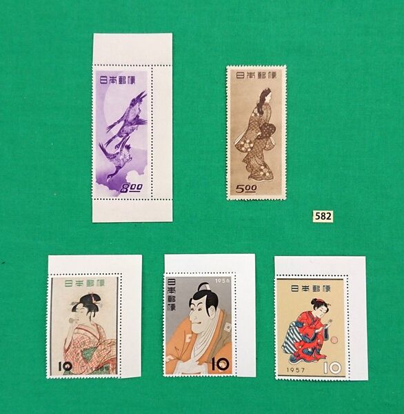 稀な最高品質!極上美品!見返り美人/月に雁/ビードロ/写楽/まりつき/NH/VF/OG/趣味週間/カタ価41,700円/№582