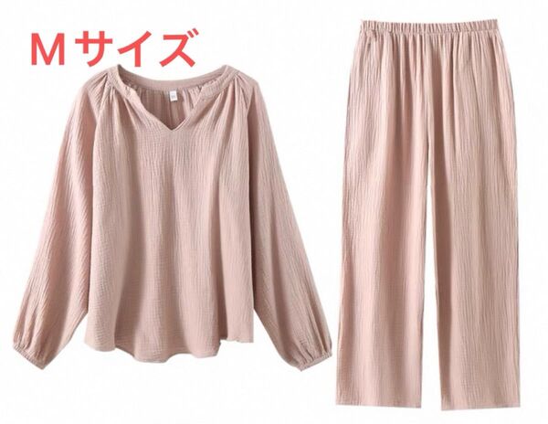 新品パジャマ M長袖レディース上下セット春夏ダブルガーゼ 夏寝巻き柔らかい綿入院入所ピンクvネック