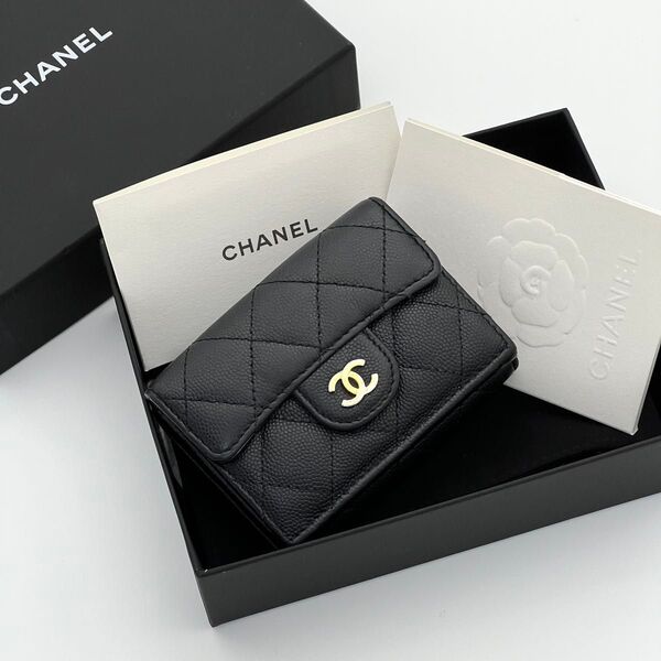 CHANEL シャネル マトラッセ キャビアスキン 三つ折り財布 黒 ブラック