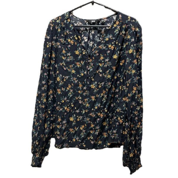 UNIQLO ユニクロ 花柄 フラワー ネイビー 長袖ブラウス レーヨン L ブラウス トップス シャツ