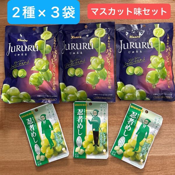【人気のマスカット味】Kanro じゅるる3袋&UHA味覚糖 忍者めしマスカット味3袋 計6袋