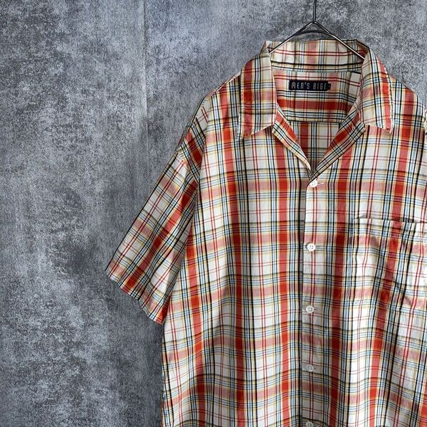 【MENS BIGI メンズビギ】 旧タグ オープンカラーシャツ 開襟 チェック L 古着 半袖シャツ 90s シャツ