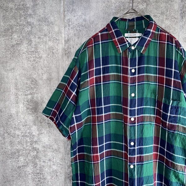 GLOBAL WORK(グローバルワーク)フレンチリネンブレンド 半袖シャツ 古着 半袖 チェック チェックシャツ メンズトップス