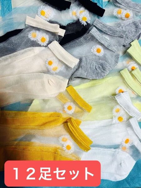 【画像1枚目のセット】カラバリ12足組【未着用】短め靴下 ソックス シースルーソックス 6色各2ペア デイジー柄12足 ワンサイズ