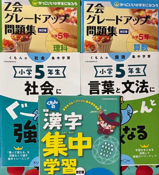 くもんの漢字集中学習、ぐーんと強くなる 社会・言葉と文法、Z会理科・算数計算図形、小学5年生 5冊