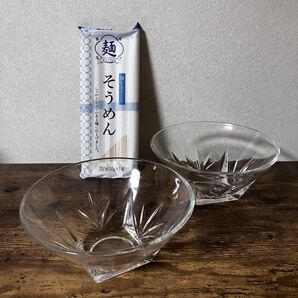 【昭和レトロ/当時物/アンティーク】鉢底スエア型 ガラス製●素器 そうめん鉢 冷や麦鉢 2皿●お素麺