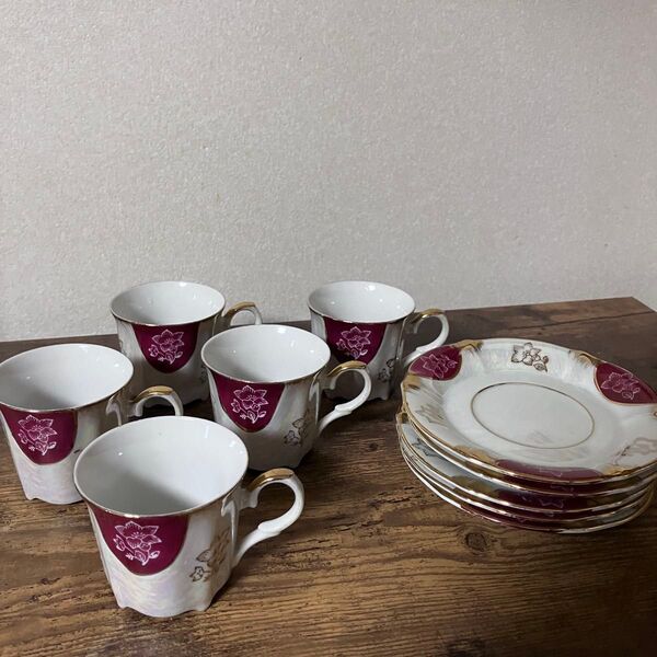 【昭和レトロ/当時物/アンティーク風】Marucko China 桔梗/ききょう/キキョウ柄金彩 コーヒーカップ&ソーサー 5客