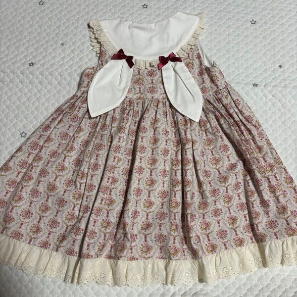 ハンドメイド ワンピース うさ耳 花柄 レース 120cm アンティーク