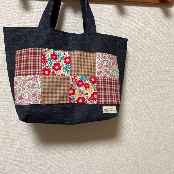 ハンドメイド パッチワーク トートバッグ デニム 花柄