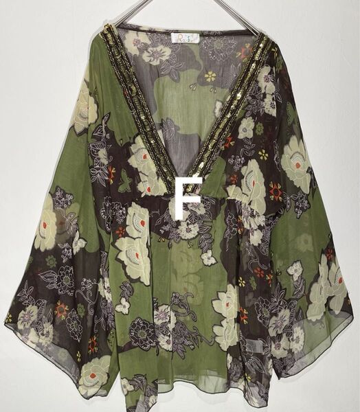 Raifu 長袖シアートップス フリーサイズ S M L F 花柄 総柄 シースルー ビジュー フレア Vネック 春夏 aライン