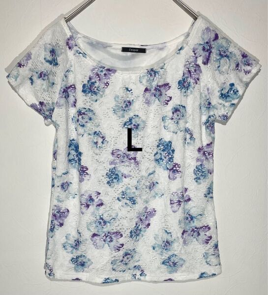 lespoir 半袖トップス Lサイズ Tシャツ 花柄 総柄 白青紫 レース 春夏 綺麗色 オフィスカジュアル 上品 大人可愛い