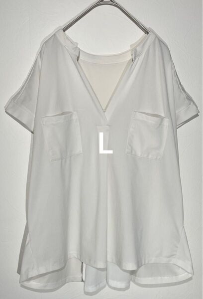 THESHOPTK 半袖シャツブラウス Lサイズ 白 無地 Vネック オフィスカジュアル 美シルエット 春夏 ストレッチ 大人可愛