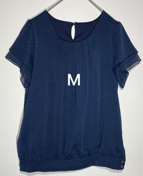cherie 半袖ブラウス Mサイズ ネイビー ドット柄 フリル袖 オフィスカジュアル トップス 春夏 上品 大人可愛い