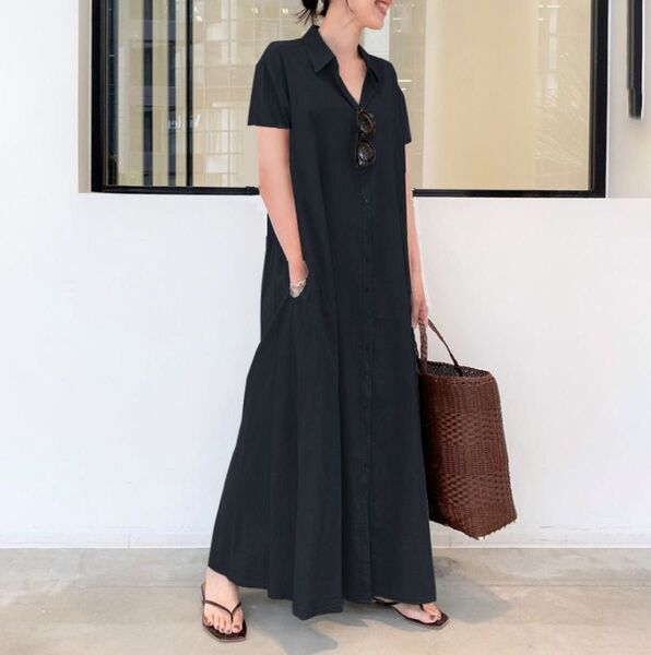 シャツ ワンピース 前開き ロングワンピース ブラックレディース 半袖ワンピース ロングシャツ 黒 半袖 ワンピース