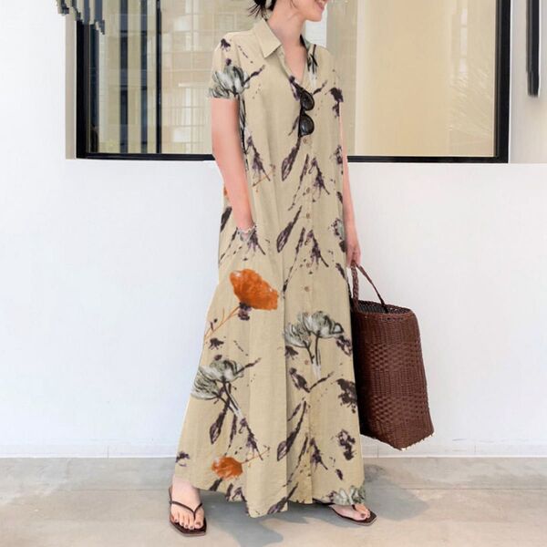 マキシワンピース ロングワンピース シャツワンピース 花柄 半袖 ベージュ ワンピースロング 春夏秋 マキシ丈 XL スカート