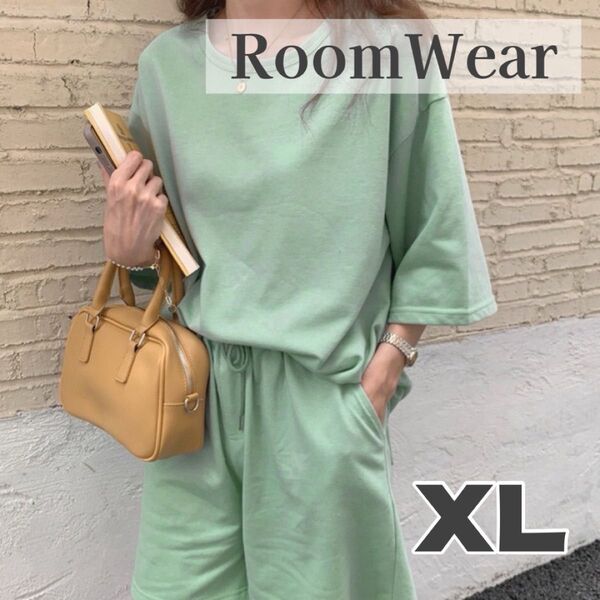 ルームウェア レディース メンズ 半袖 短パン 上下セット XL グリーン ゆったり 楽ちん パジャマ 部屋着