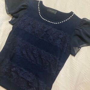 ビジュー付きレースニット ネイビートップス