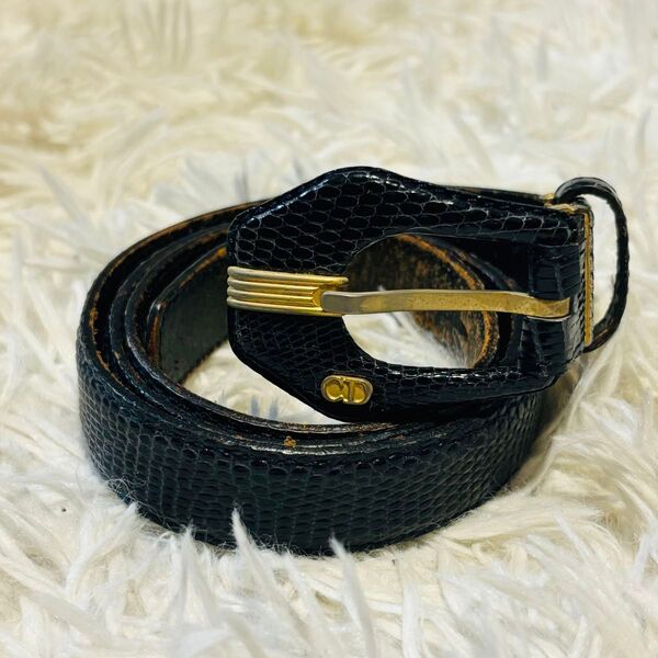 DIOR ディオール ベルト パイソン型押し レザー 金具 CDロゴ ブラック