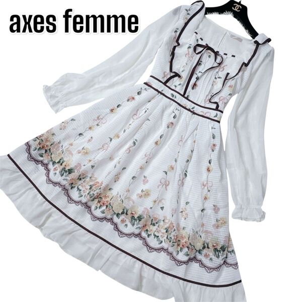 axes femme POETIQUE ワンピース リボン 花柄 M 長袖ワンピース ワンピース 花柄