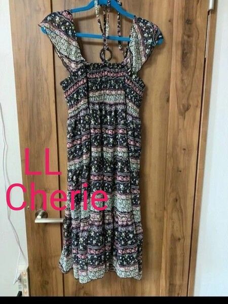【Cherie 】 小花柄 シフォン ワンピース LL ロングスカート 2way ストライプ柄 ノースリーブ ひざ丈 送料無料