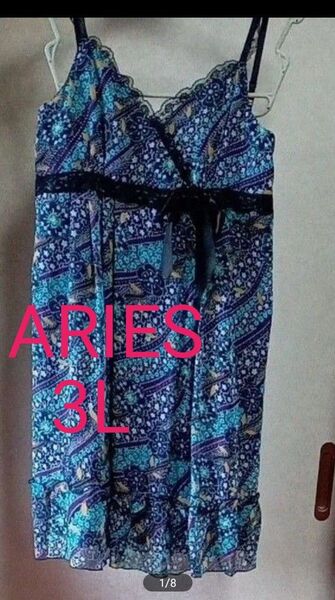 【ARIES】タグ付き新品 キャミソールワンピース 15号3L 青系 柄模様 レース 装飾リボン フリルVネック ノースリーブ