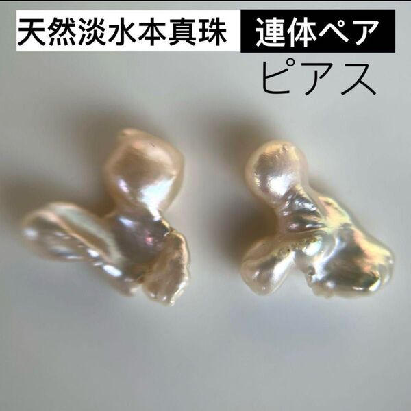 希少!!天然淡水本真珠 連体芥子花びらパール ペア耳飾り真珠 ピアス 艶!花形 真珠アクセサリー