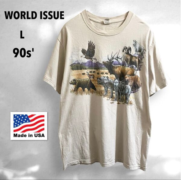 米国製 WORLD ISSUE アニマル プリント 半袖 Tシャツ クルーネック L 動物 ワールドイシュー アメリカ古着