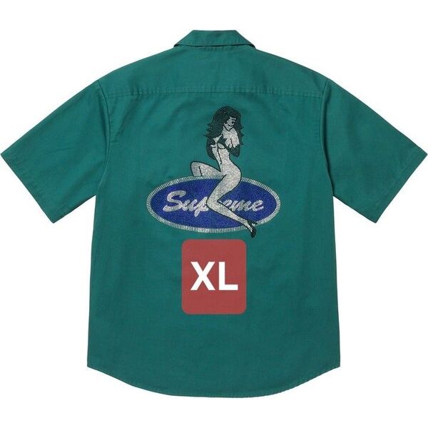 Supreme Rhinestone Pin Up S/S Work Shirt Work Green シュプリーム ワークシャツ