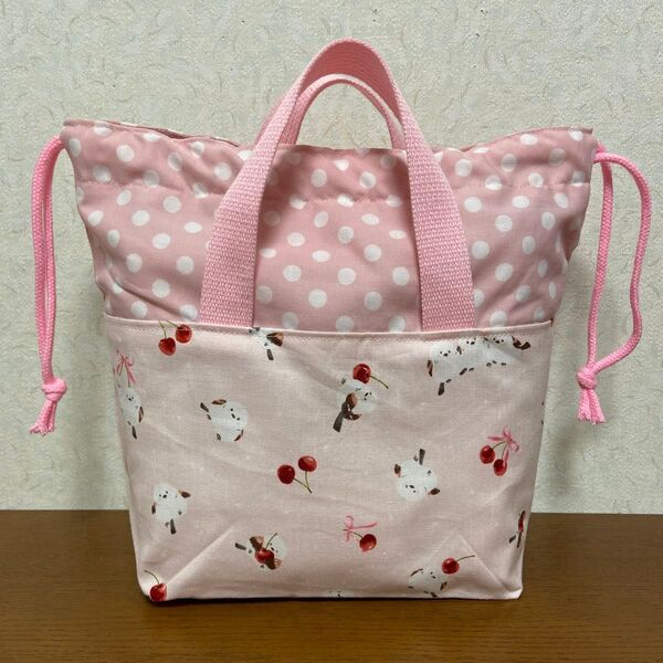 ハンドメイド保冷保温お弁当袋 ランチバッグ 巾着袋シマエナガ さくらんぼ ピンク