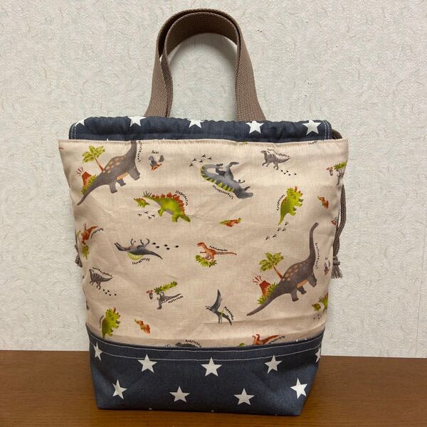 ハンドメイド保冷保温お弁当袋 ランチバッグ 巾着袋 ベージュ グレー 恐竜柄
