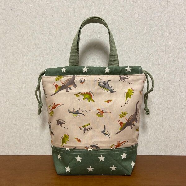 ハンドメイド保冷保温お弁当袋 ランチバッグ 巾着袋 ベージュ モカグリーン 恐竜