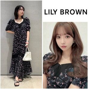 美品LILY BROWNリリーブラウンシフォンドッキングバリエプリントワンピース ロングワンピース 半袖ワンピース マキシ