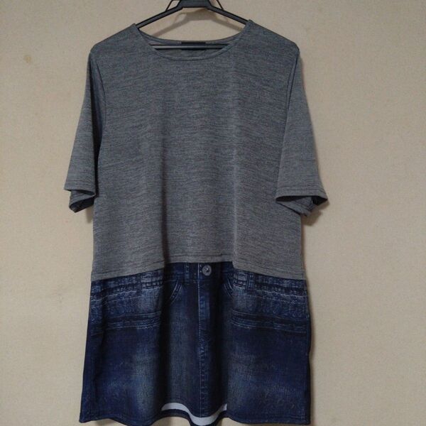 グレー Tシャツ デニム風 半袖チュニック