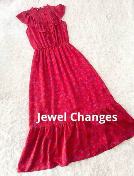 Jewel Changes赤ドレス 花柄 フリル付き 赤マキシワンピース