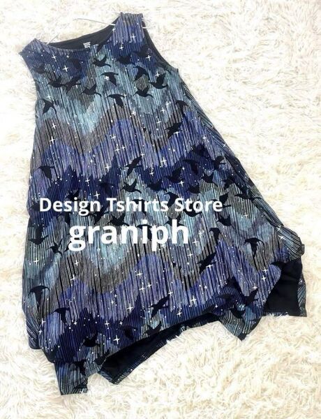 graniphノースリーブ ワンピース 鳥プリント 変形デザイン チェニック