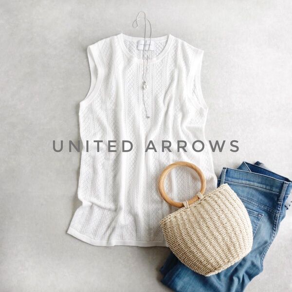 UNITED ARROWS レース ノースリーブニット ホワイト コットン 綿 洗える