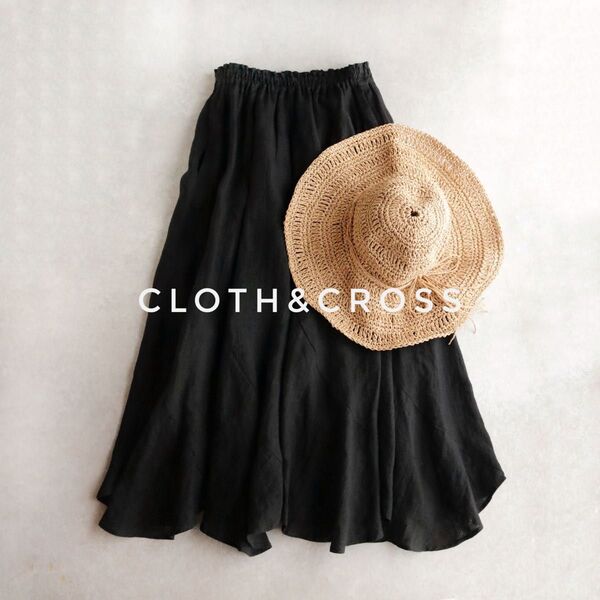 美品 クロス&クロス Cloth&Cross リネンエスカルゴスカート ロングスカート ハグオーワー ブラック ウエストゴム