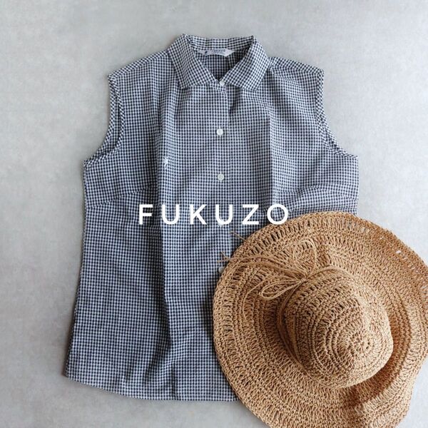FUKUZO ギンガムチェック L ノースリーブ ブラウス シャツ ネイビー トップス