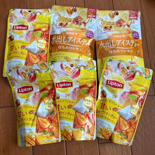 日東紅茶、水出しアイスティーはちみつレモン 2袋 Lipton フルーツインティー ピーチ・ストロベリー&マンゴー4袋