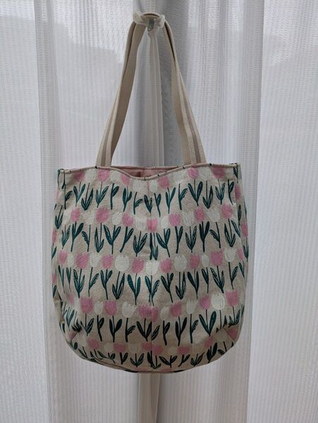 ハンドメイド トートバッグ チューリップ柄 ピンク グリーン