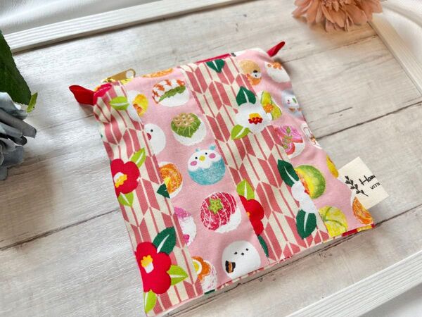 【ハンドメイド】和風かわいいを愛する!ファスナーポーチ (椿、寿司、シマエナガ、小鳥、ピンク、赤)