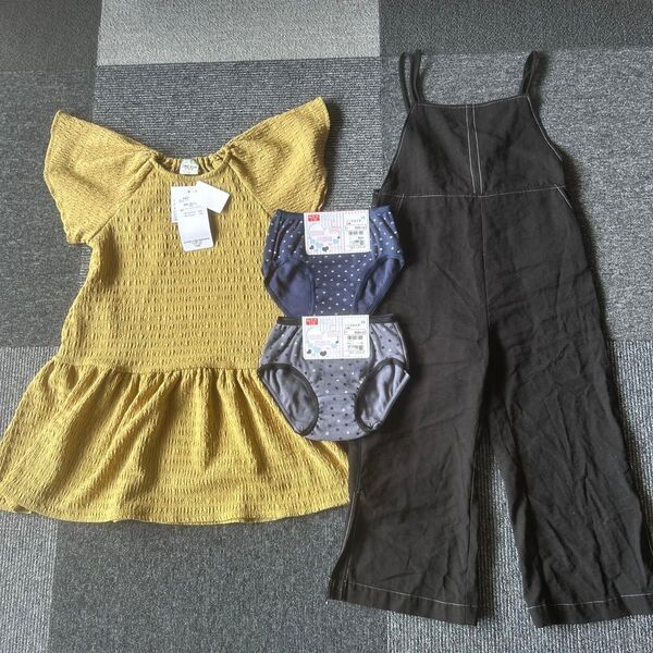 【新品】女の子 110㎝ ワンピース 半袖 綿 イエロー サロペット ショーツ サロペット オーバーオール ワンピース ブラック