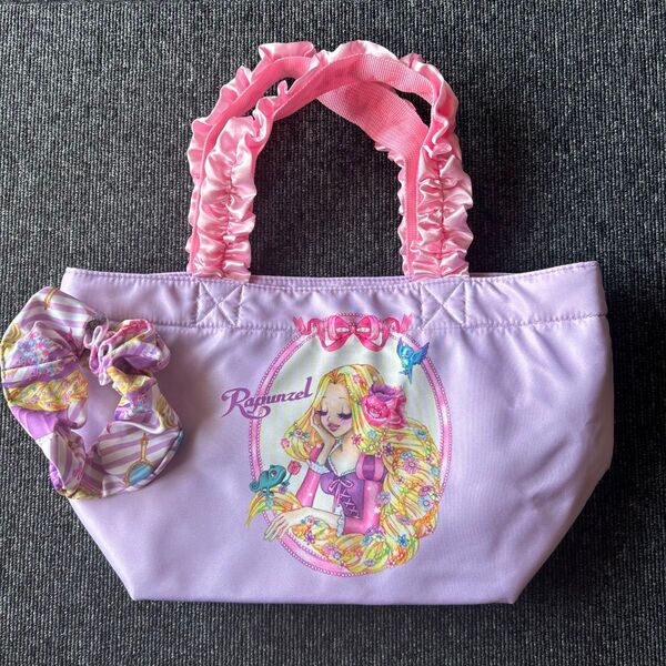 美品 ラプンツェル エコネコ シュシュ付き トートバッグ フリル 紫 ピンク ランチバッグ トートバッグ ミニトートバッグ ピンク