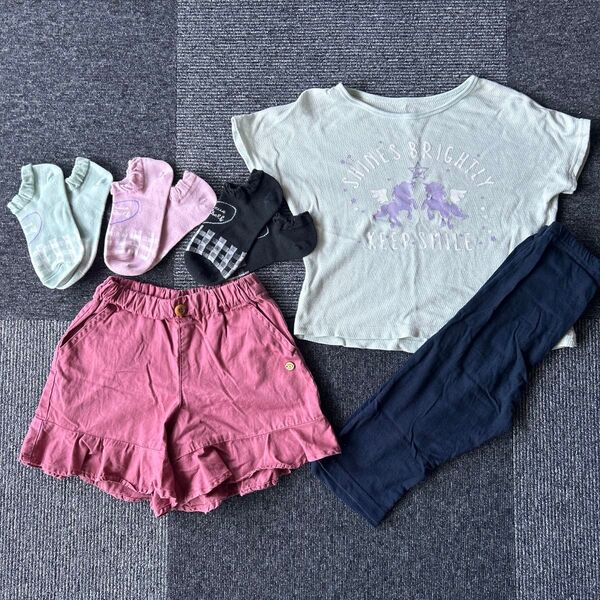 女児 120 半袖パジャマ ユニコーン グリーン 紺 上下セット パンツ 靴下 上下セット 半袖Tシャツ ハーフパンツ トップス